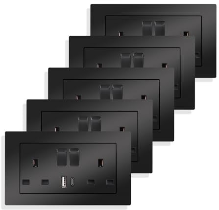 JIMEIDA 5 Pack Double Switched Power Socket Black 13 Amp with USB-A and Type-C Charging Ports Crystal Wall Outlet Electric Power Socket 146mm*86mm