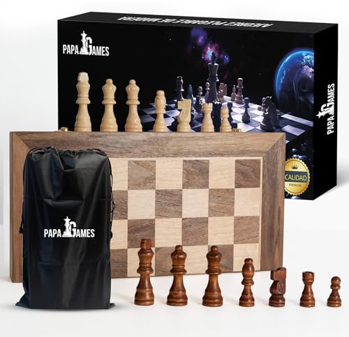 PapaGames Ajedrez Madera Plegable magnetico Premium 39x39cm +2 Reinas, Ajedrez de Madera para Niños, Juego de Mesa de Nogal, Tablero Profesional, Chessboard xadrez