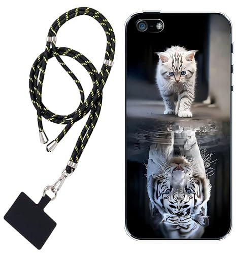 WUACYEAMING Hülle für iPhone 5/5S/SE(2016),Mode Chic Muster Ultra Dünn TPU Silikon Schutzhülle Slim Case Cover Katze und Tiger Weißer Tiger+1*Tragbares Universal-Lanyard