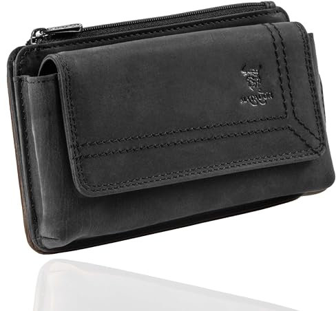 MATADOR 2in1 Echtleder Handy Gürteltasche mit Reißverschlussfach #Brisbane, mit edler Geschenkbox und RFID Schutz, Elegante Handytasche Leder für Smartphone bis 6,9 Zoll in Schwarz Matt
