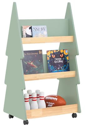 SoBuy Kinder Bücherregal Kinderregal Kinderzimmer Regal Kinderregal mit 5 Ablagen und 4 Rollen Aufbewahrungsregal für Kinder Büchergestell Grün-Natur BHT ca. 60x108x42cm KMB99-H-GR
