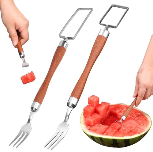 2 Pièces Trancheuse à Pastèque, Coupe-Fruits 2 en 1 en Acier Inoxydable Double Tête Portable Outil de Coupe de Fourchette à Pastèque pour Fête de Famille d'Été Camping Cuisine