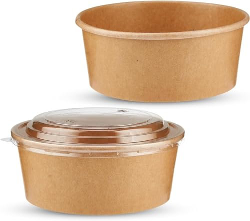 SPICOM 150 x 1000ml (34oz) Kraft Salad Paper Bowls with Lids Takeaway Bowls for Hot/Cold Food Leakproof Soup Containers Carboard Packaging Bowls