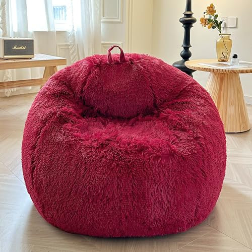 XeGe Faux Fur Bean Bag Cover(No Filler), Fluffy Stuffed Animal Storage Bean Bag Chair Cover for Bedroom Home Decor, Furry Fuzzy Big Gaming Bean Bag Cover for Adults Teens Kids Girls, Anti-slip, Red