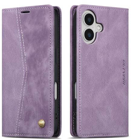 QLTYPRI Wallet Case for iPhone 16 6.1 inch, Vintage PU Leather Folio Case with Card Slots Kickstand Magnetic Closure Shockproof Flip Phone Cover for iPhone 16 - Purple