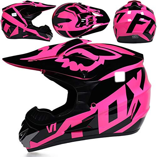 SMTSEC Motorradhelm Cross Damen Herren Full Face MTB Helm Motocross Helm DOT/ECE-Zertifizierter Mit Schutzbrillen Maske Handschuhe Downhill Helm Mopedhelm Schutzhelm Für Cruiser Chopper,Pink/A-M