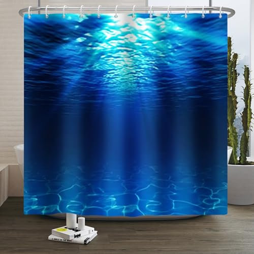 Xiaoterna Rideau de Douche Océan Rideau de Douche Eau Vacances d'été à la Plage Rideau de Douche Rideau de Douche Paysage océanique Bleu Profond Tissu imperméable et Lavable en Machine 180x240cm