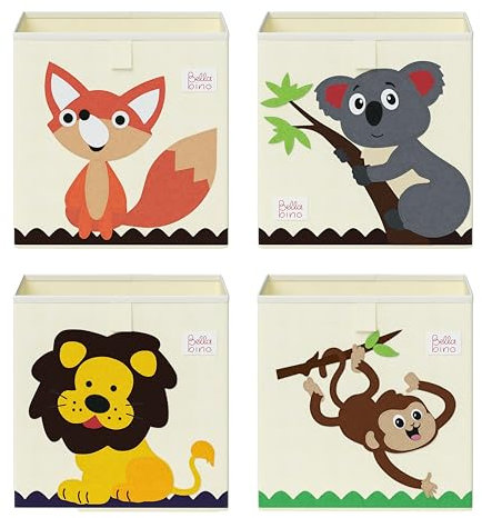 Bellabino Kinder Aufbewahrungsbox 4er Set Helme, Spielzeugbox für Kinderzimmer, Spielzeug Box, Spielzeug Aufbewahrung Motiv Affe/Löwe/Koala/Fuchs, Maße 30x30x30 cm