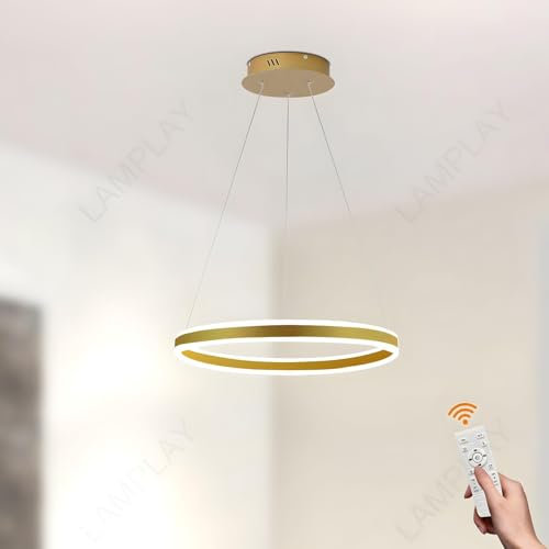 LAMPLAY Runde Moderne LED-Pendelleuchte, 1 Golden Ring-Kronleuchter, Dimmbar Mit Fernbedienung 3000K-6000K Deckenleuchte, Höhenverstellbar, Foyer, Wohnzimmer, Schlafzimmer, Esszimmer(Ø40cm)
