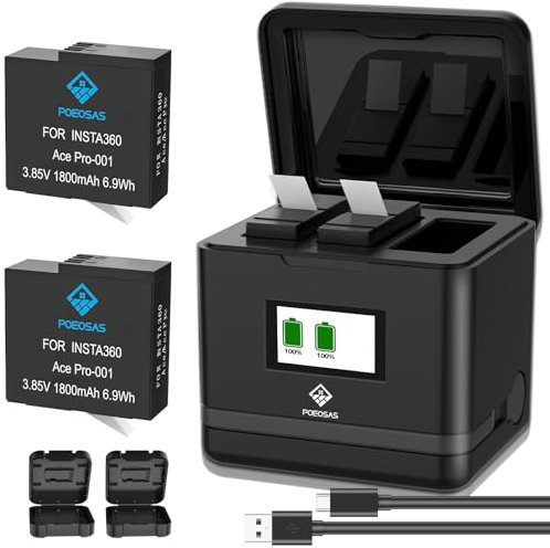 POEOSAS 360 Ace Pro Ersatz Akku, 2 Pack 1800mAh Akkus mit 3-Slot LCD Ladegerät Kit Kompatibel mit insta360 Ace Pro/Ace Pro 2 Kamera, Akku Schutzhülle*2 für insta360 Acepro Kamera