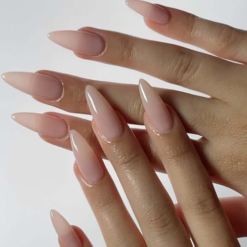 Calkkrer Pack of 24 Shiny Almond Press On Nails, False Nails for Gluing, False Nails in Plain Design, Fingernails for Gluing, False Nail Tips