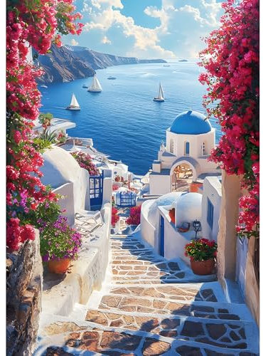 QQYRHN 5D DIY Santorin Kits de Peinture Diamant, Complète Mer Égée Diamond Painting pour Adulte Débutants, Église Art du Diamant, Décoration Murale Maison Peinture au Diamant Avec 30x40cm