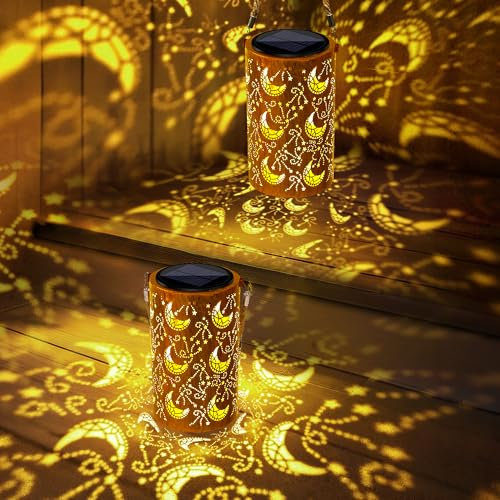 Qedertek Solarlampen für Außen Garten, 2 Stück LED Metall Mond Solarlaterne für Außen Hängend, IP65 Wasserdicht Solarleuchten Gartendeko für Balkon Patio Baum Terrasse Geschenke für Frauen Mama
