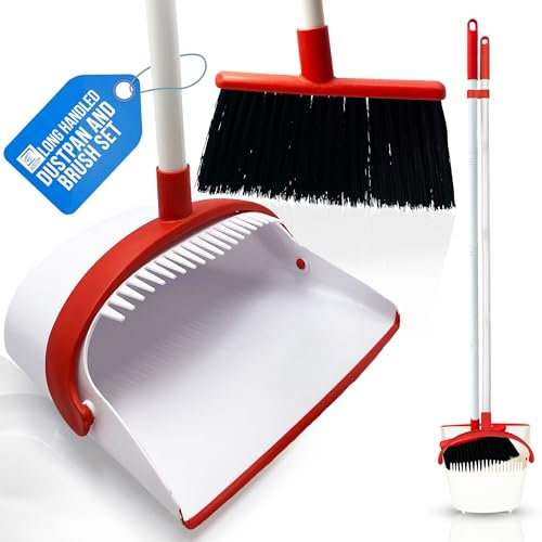 Long Handled Dustpan and Brush Set with Built-In Teeth Comb - Indoor Broom and Dustpan Set for Sweeping Brush Indoor 180° Sweivel Dust Pan and Brush - Indoor Dustpan and Brush Sets (Red and White)