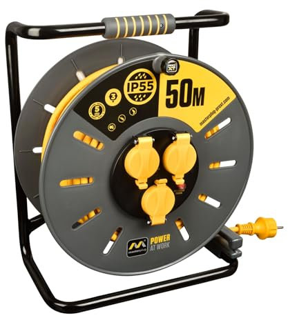 Masterplug Pro-XT Avvolgicavo 50 m, prolunga presa IP55, estensione elettrica 3 prese Schuko, prolunga presa professionale 3 x 1,5 mm2