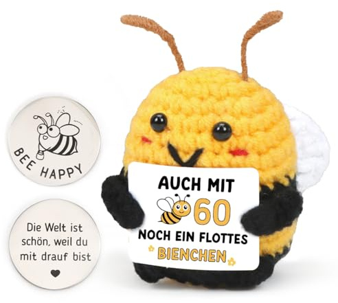 HUKUMA Positive Biene Geburtstagsgeschenk,Pocket Hug Bee Geschenke zum 60 Geburtstag,Handgemachte Biene Glücksbringer,Emotional Support Mutmacher Geschenk,Lustige Geschenke für Frauen,Freundin,Freund