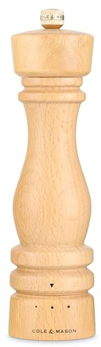 Cole & Mason London Salt Mill - Refillable Spice Shakers with a Premium Wood Design - Adjustable for Fine to Coarse Seasonings - Uses Carbon Steel Mechanism - Beech Wood, 8”