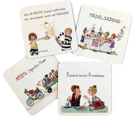 Untersetzer für Tassen Tischdeko Bar Glas 4er Set by Sweetdesign humorvolles Geschenkset mit Motiven von Barbara Freundlieb, 9,5x9,5 cm