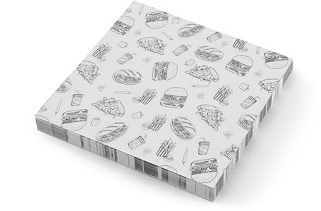 HENDI Deli Papier, 500 Blätter, für Lebensmittel, fettdicht, ölbeständig, Einschlagpapier, Brotpapier, Hamburgerpapier, Sandwich Papier, Fettdichtes Papier, 305x305mm, Fastfood-Illustrations Druck