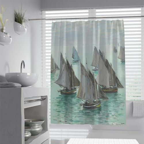 OLLIAR Home Sail Boats Shower Curtain Calm Weather Seascape Nautical Maritime Masterpiece Painting Print Bath Curtain Set with 12 Hooks 150x200