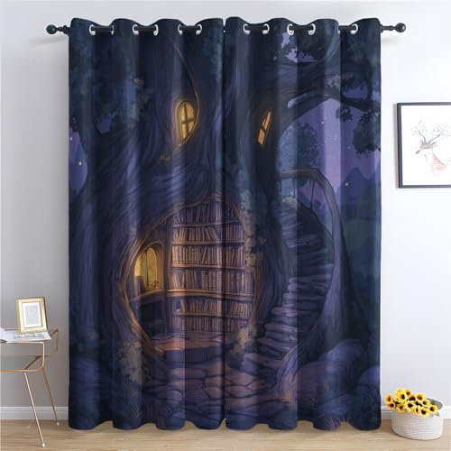Library Curtains for Bedroom 84 Drop, Fantasy Treehouse Blackout Curtains for Living Room Home Decor, Eyelet Window Drapes, 52 x 84 Inch 2 Panels s60