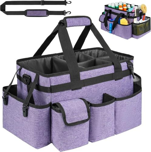 Cleaning Caddy Bag,Large Cleaning Caddy Organiser with Handle,Adjustable Shoulder Strap,Waist Strap for Cleaning Supplies,Cleaning Supply Bag for Cleaners Electronics Cleaning Wipes Swabs,Car,Purple