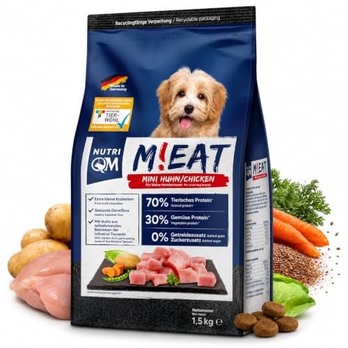 NutriQM® Mini Trockenfutter für Hunde | 1,5 kg Probepack | 70% Fleischanteil | Getreidefreies Hundefutter Trocken für kleine Hunde | Kleine Kroketten | Ohne Zucker & Zusatzstoffe | Made in Germany