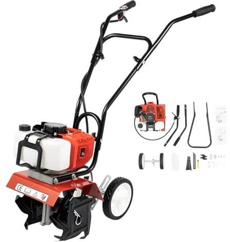 2-Takt 52CC Gartenfräse Benzin, Gartenfräse mit 4 Klingen aus Manganstahl - 1,9KW, 6500–7000 U/min, Arbeitstiefe 3-12cm, 30cm breit pflügen für Bodenbearbeitung und Auflockerung usw