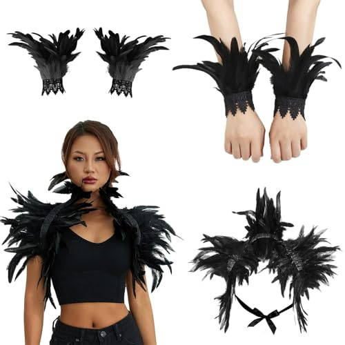 Kuleyang Black Feather Boa, Natural Soft Feather Boa for Women, Adults – Gothic Lacing Shawl Shrug Collar Feather Cloak for Halloween, Carnival, Cosplay, Showgirl Costumes