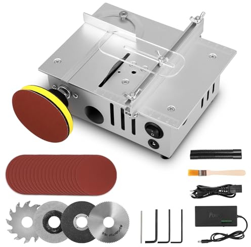 Mini Tischkreissäge mit Polierscheibe und 4 Klingen, Mini kreissäge mit 7-Gang-Netzteil Einstellbarer,0.1-15mm Sägeblatt Höhenverstellbarer,Tragbare Tischkreissäge klein für Präzise Holzarbeiten