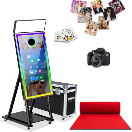 40in Mirror Photo Booth Machine with 21.5in Interactive Touch Screen with Flight Case,Built-in Mini PC with Instant Print and Sharing for Christmas Wedding Event Party (Black, Machine + Camera)