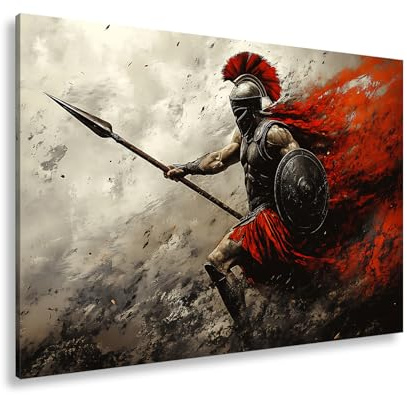 deyoli Leinwandbild Krieger in Rot und Stahl stürmt durch wirbelnden Staub Format: 100x70cm XXL Kunstdruck Bild auf Keilrahmen/Wandbild/Wohnzimmer Dekoration