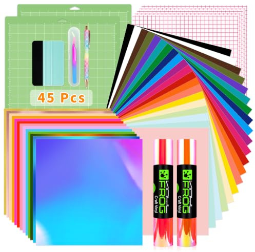 VINYL FROG 45PCS Accessories Bundle for Cricut-Vinyl Bundle for DIY Craft | Ultimate Tools with Permanent Adhesive Vinyl, Holographic Vinyl, Transfer Tape, Cutting Mat, Weeding Tools, Scrape
