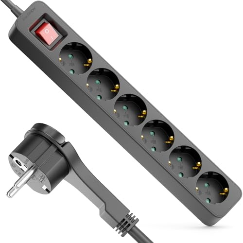 deleyCON Regleta 6 Tomas con Enchufe Plano - 5m Cable - con Interruptor ON/Off - Ideal Detrás Muebles, Base Múltiple Corriente Distribuidor Extensión Regleta 3680W 16A - Negro