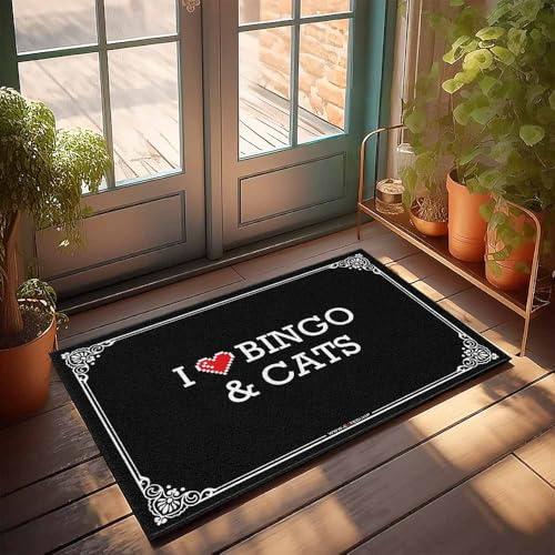 FZFN Geflochtene Badematten, Motiv: I Love Bingo & Cats, Bauernhaus-Willkommen, Anti-Schimmel, Badematte, rutschfest, ideal für wichtige Dinge zu Hause oder im Büro (40 x 60 cm)