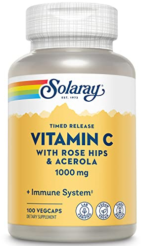 SOLARAY Vitamin C 1000mg - Time Release Vitamin C Capsules w/Rose HIPS and Acerola for Bioflavonoid Support - Two-Stage, All-Day Immune Support - Vegan, 60 Day Guarantee