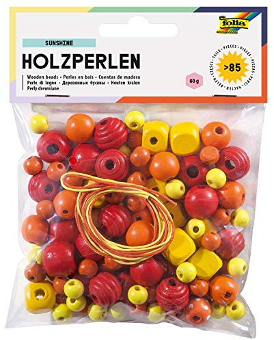 folia 22971 - Holzperlen, Sunshine-Mix, gelb/rot, 60 g entspricht bis zu 85 Teilen, in verschiedenen Farben und Formen, zum Basteln von Ketten und Armbändern, inklusive 2 Schnüre je ca. 85 cm