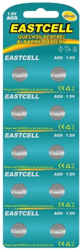 EASTCELL AG9 LR45 194 936A 1,5V 45 mAh, 10 Knopfzellen für Uhren & Rechner | 10 EASTCELL AG9 Alkaline-Batterien mit 1,5V und 45 mAh für kompatible Uhren, Taschenrechner, Spielzeuge.
