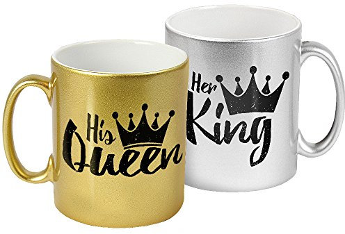 2er Tassen-Set in den Farben Gold und Silber – Her King | His Queen - zum Valentinstag | Liebes-Tasse | Valentinsgeschenk