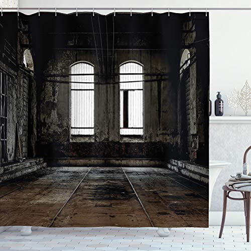 ABAKUHAUS Industriel Rideau de Douche, Murs Wrecked, Tissu Ensemble de Décor de Salle de Bain avec Crochets, 175 cm x 180 cm, Marron, Blanc, Noir