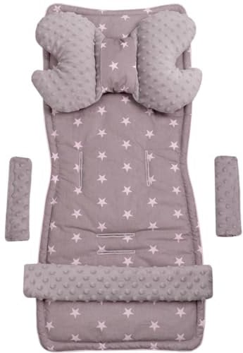 Medi Partners Sitzauflage Kinderwagen Buggy Baby Sommer Kindersitz Einlage Universal - 5tgl Gurtpolster + Spielbogen Kinderwagenset Babyschale (Sternen mit grauen Minky)