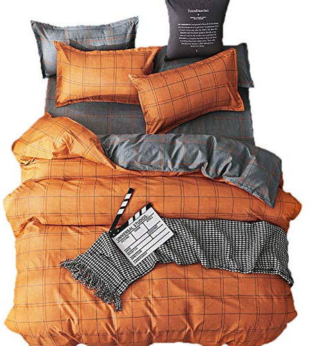 Loussiesd Check Duvet Cover Double Reversible Orange and Grey Quilt Cover Set with Zipper Closure,Lightweight Soft Microfiber 3 Piece (1 Duvet Cover + 2 Pillow Shams) checkered Bedding &Linen