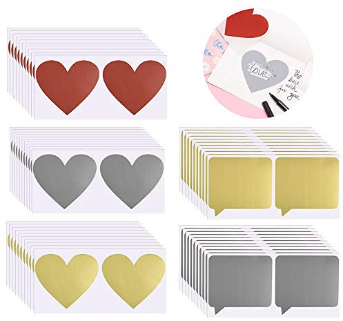 PERFETSELL 100 Stücke Rubbel Etiketten Herz Quadratisch Rubbelsticker Selbstklebend Rubbeletiketten Gold Silber Rot Rubbelaufkleber Sticker zum Basteln von Rubbelkarten Rubbellose Hochzeit