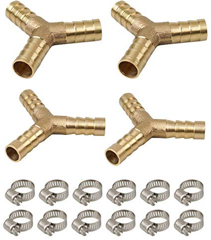 YEYIT 16Pcs Y-Shaped Brass Three-Way Hose Barb Joints Fuel Hose Connector (8mm,10mm) Adjustable 304 Stainless Steel Pipe Clamps(10mm-16mm) Kits, for Fuel Air Water Gas Oil Diverter Fuel Hose Joints