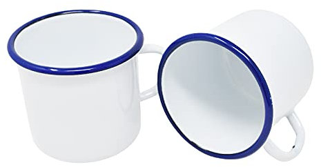 Madacha SET DI 2 MUG IN METALLO SMALTATO - 400 ML - BIANCHI DA LISERE BLU