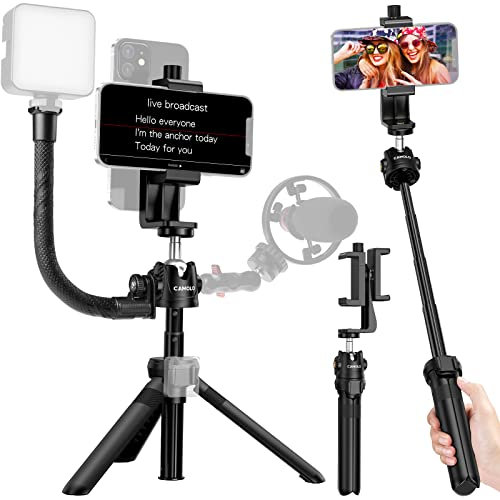 CAMOLO Selfie Stick Stativ mit 2 Handyhalterungen, 360° Drehbare Handy Stativ Halterung, Einfaches Mobiles Teleprompter-Set mit 1/4 Schraubenloch, Perfekt für Livestreaming, Vlogging, YouTube, Tiktok