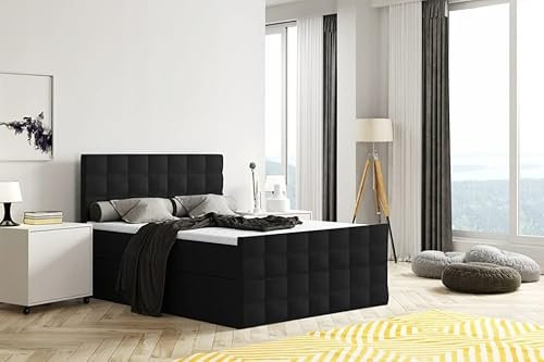 Boxspringbett MERA mit Fußtei Doppelbett Bettkästen Bonell Matratze und Topper (180 x 200, Schwarz- Inari 100)