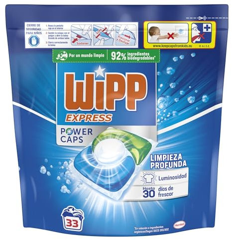 Wipp Express Power Caps Detergente en Cápsulas para Lavadora, 33 Dosis, Limpieza Profunda, Eficaz en Agua Fría