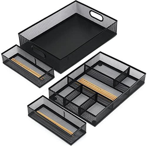 Neudeco Drawer Organizer with Two Adjustable Dividers,Mesh Desk Drawer Organizer Tray-Stackable, Metal Desktop Storage Tray Office File Organizer with Handle.(Pack 4,Black)