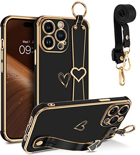 GUAGUA Handykette iPhone 14 Pro Hülle, Handyhülle mit Band Fingerhalter Ständer Strap Cute Herz Love Muster Schutzhülle Stoßfest Galvanisierte Weich TPU Dünn Schutzschale Case, Schwarz